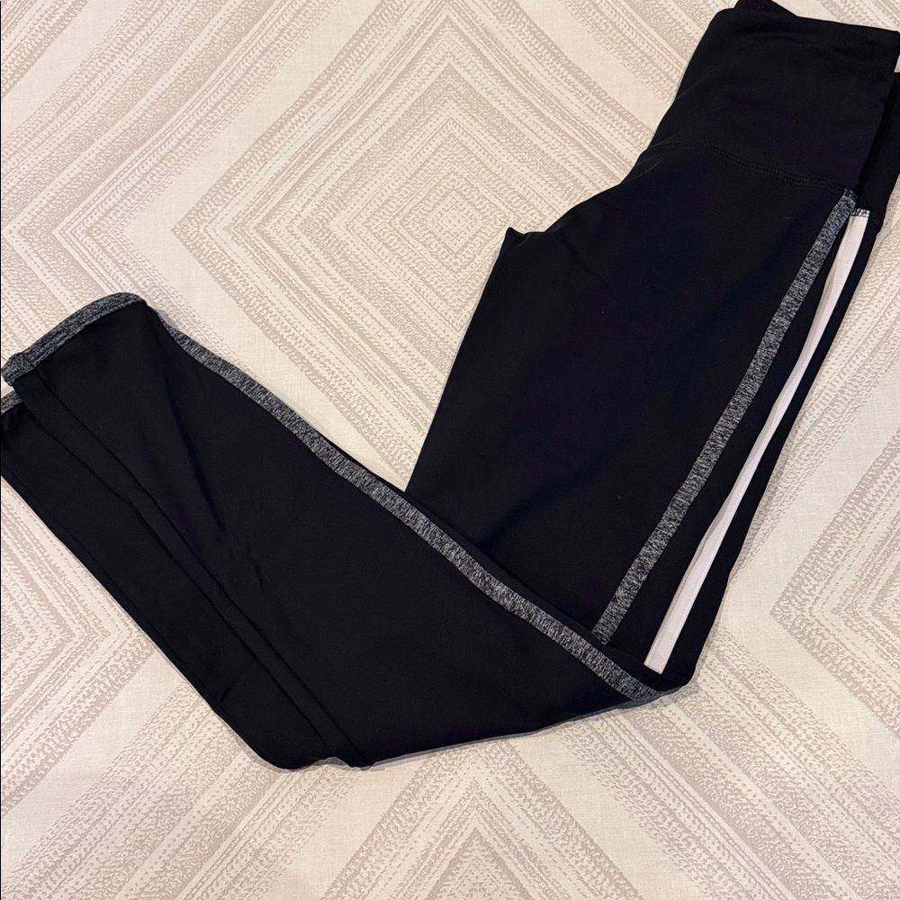 Strut This Black High Waist Leggings White & Grey Side Stripes One Size